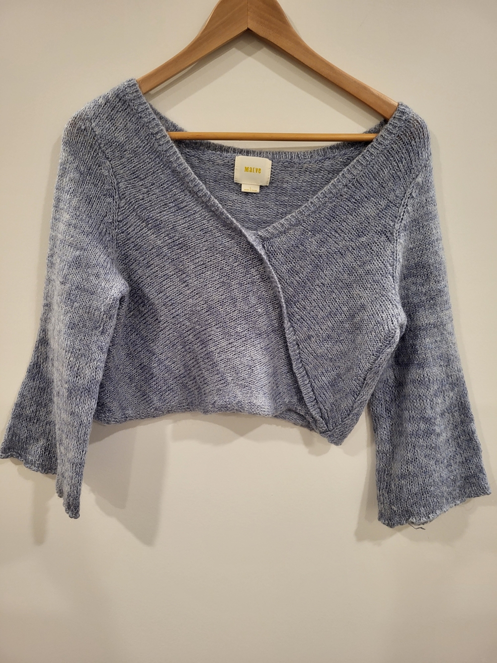 Maeve Anthropologie Light Blue Cropped V-Neck Sweater L Flared Sleeve Ruffle